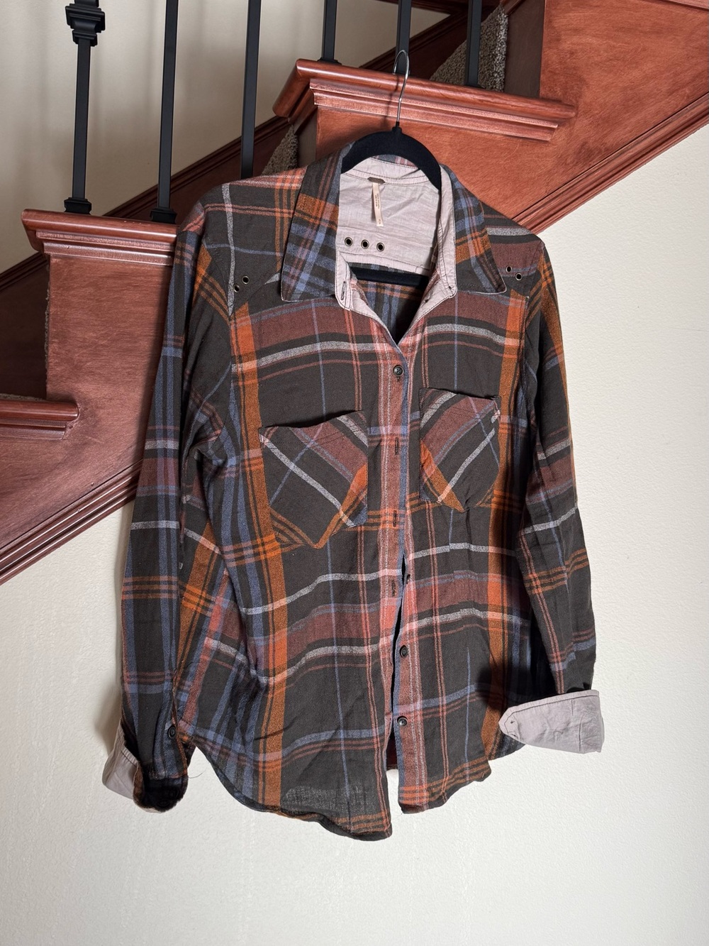Free People Plaid Button-Down Shirt in Brown & Orange